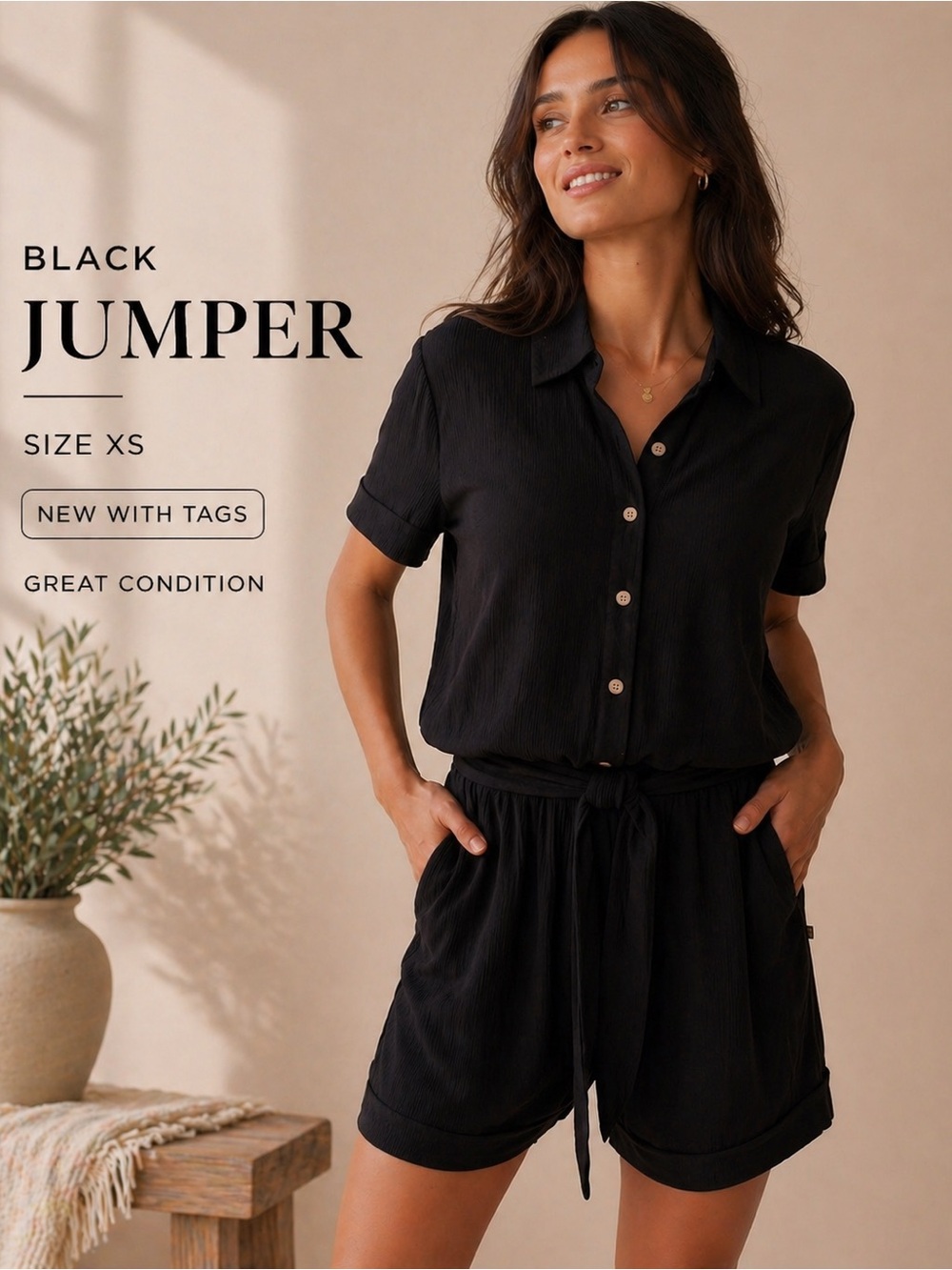 🌸 4/$20 Sale La Vie En Rose Black Short-Sleeve Romper (xs) with Tie Belt (NWT)